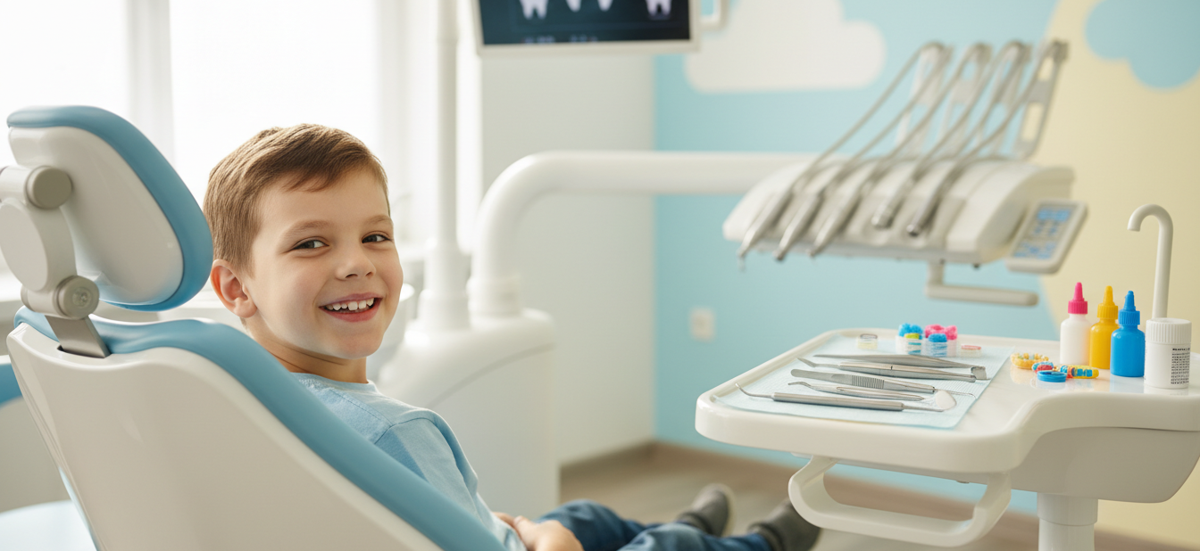 Young child smiling confidently in a modern orthodontics consultation room, sitting comfortably in a dental chair with professional orthodontic equipment visible