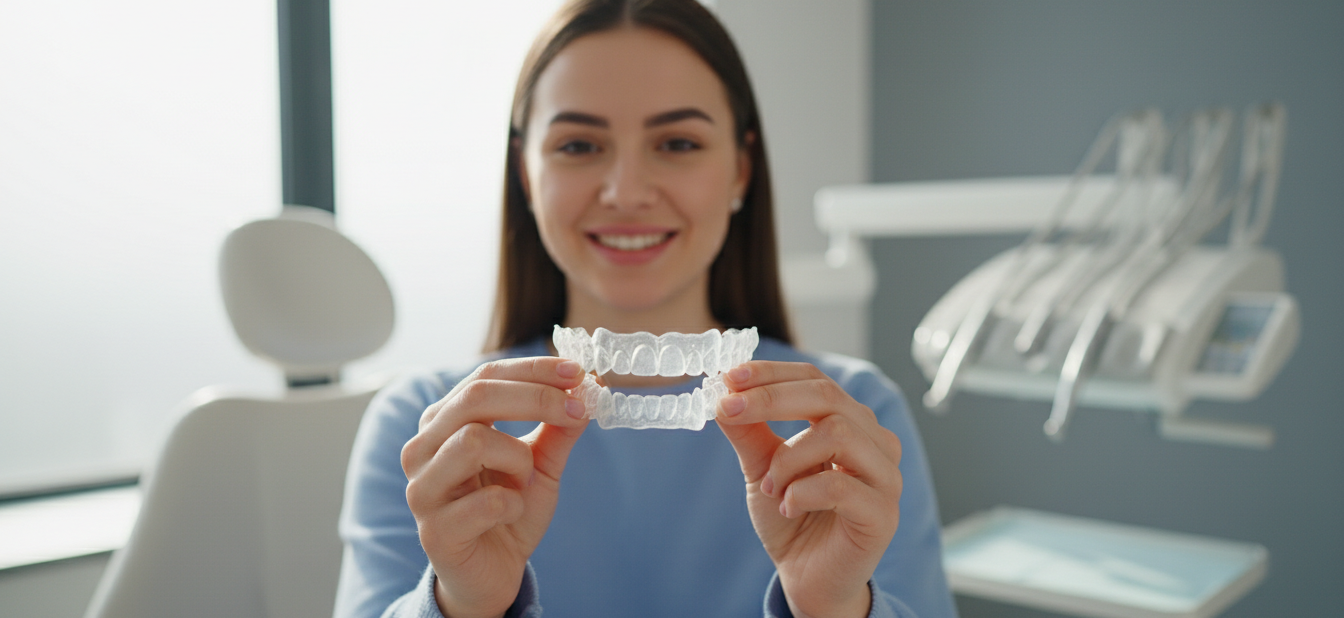 Young woman smiling while holding clear aligners in a modern dental office, demonstrating the transparent orthodontic treatment option