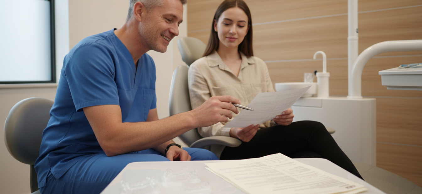 Dentist consulting with patient about aligners Derby treatment costs in modern dental clinic