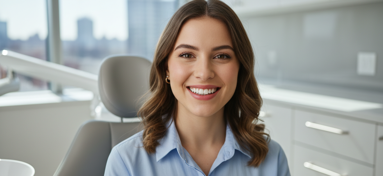 Young woman smiling confidently showing her clear Invisalign teeth aligners during a consultation in a modern dental office with natural lighting