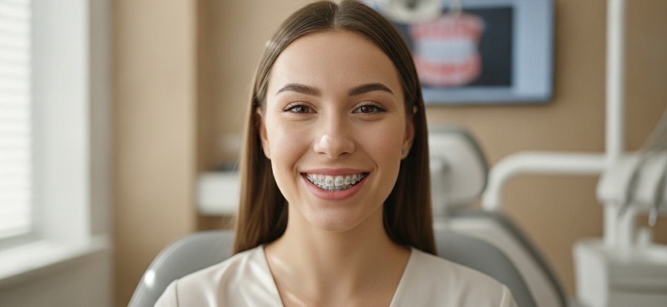 Smiling woman showing clear braces in modern dental office consultation room