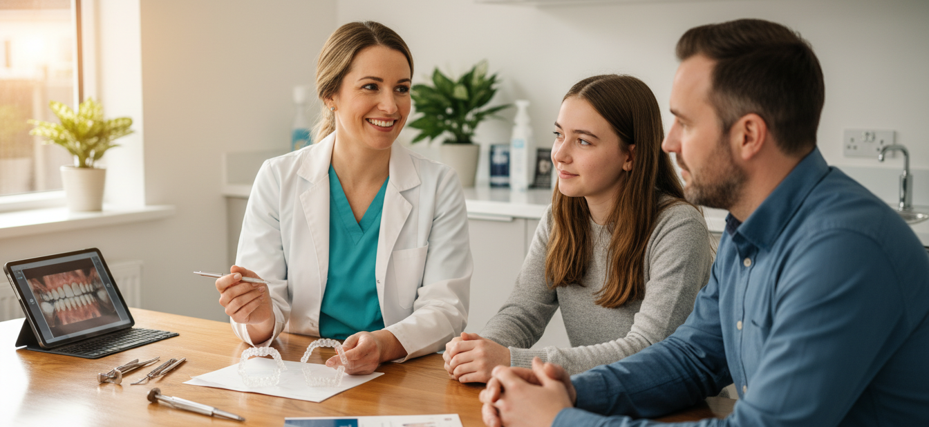 Orthodontist near me consultation showing a local specialist explaining treatment options to a patient and parent in a modern Mickleover dental clinic